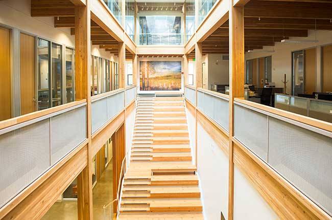 wood staircase with skylight