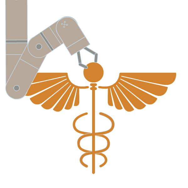 a robotic arm holds a caduceus, a staff with two snakes wrapped around it, a symbol associated with healing