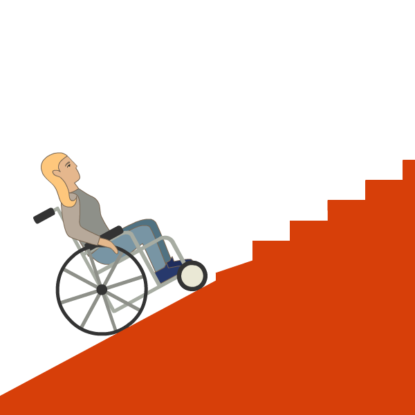 person in a wheelchair going up a slope that gradually turns into stairs, blocking their path